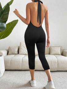 SHEIN SXY Women's Solid Color Halter Backless Twist Sexy Jumpsuit