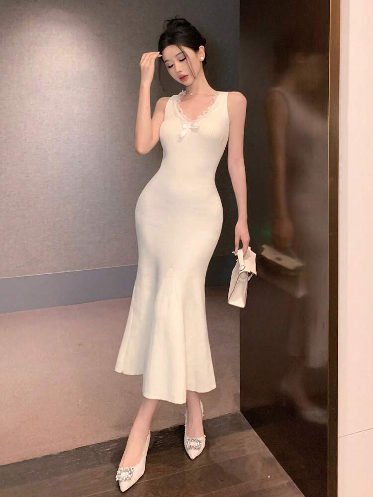 Sleeveless Lace Inlay Fitted Mermaid Hem Evening Dress Women Knitted Dress, Fall Clothes Women Sweater Dress