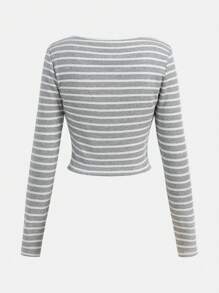 SHEIN Teengirl Mock Neck Solid Ribbed Long Sleeve Top, Casual Striped Long Sleeve, Back To School - Grey - View 2