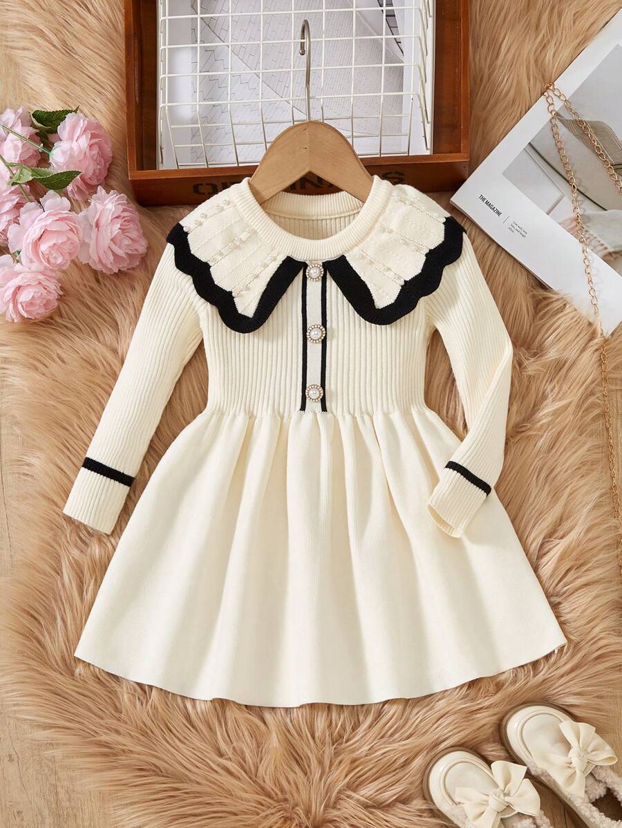 SHEIN Young Girls Fashion Elegant Sweater Dress With Pearl Decor Peter Pan Collar Long Sleeve Knit Pullover - Beige - View 1