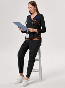TaskEZ Contrast Trim Long Sleeve Top And Pants Scrub Uniform Set - Black - View 3