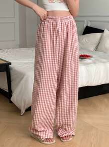 DAZY 简约格纹阔腿宽松睡裤，秋冬款 - 粉色 - 查看 3