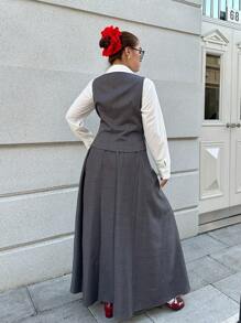 Flirla Plus Size 2pcs Set: Sleeveless Single-Breasted Vest + High Waist Pleated Maxi Skirt, Stylish Lady Set, New Arrival - Grey - View 2