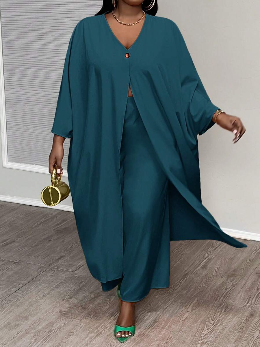 Slaydiva 度假休闲系列大码女式纯色开衫和裤子两件套宽松套装，夏季 - 藍色 - 查看 1