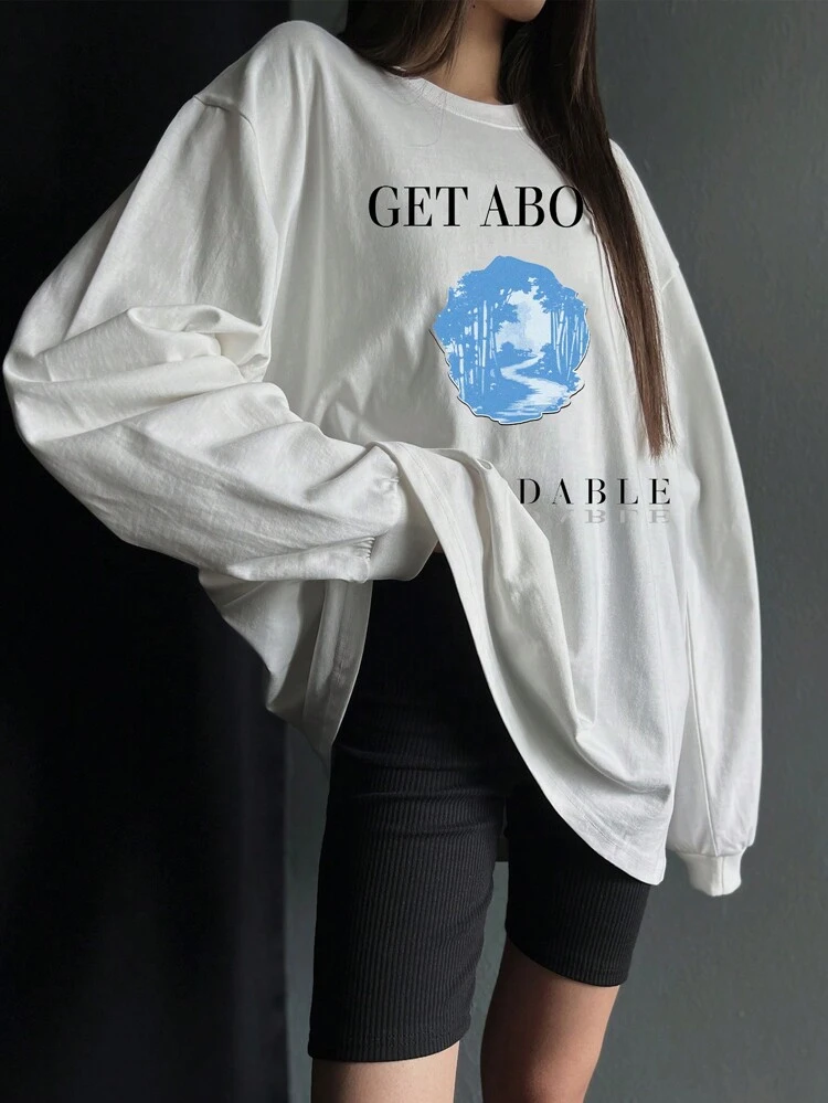Loose Fit Round Neck Graphic Print T-Shirt For Women,Fall Clothes Long Sleeve Women Tops