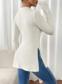 SHEIN Frenchy 女士纯色圆领长袖休闲 T 恤 - 杏色 - 查看 2