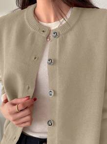 DAZY Women Casual Solid Color Single-Breasted Cardigan Sweater - Light Grey - View 5