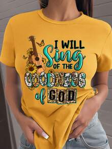 SHEIN LUNE 向日葵和蝴蝶图案字母标语休闲圆领短袖时尚大码 T 恤适合音乐节 - 芥末黃 - 查看 4