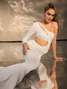 Cheriluna Maternity 1 件孕妇单肩长袖镂空鱼尾下摆摄影连衣裙，连衣裙，适合拍摄 - 白色 - 查看 3