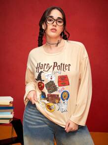 HARRY POTTER X SHEIN Áo thun thường ngày in hình quái vật cổ điển cỡ lớn & quả bóng Golden Snitch - Màu be - Xem 3