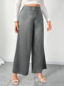 Flirla 大码纯色宽腰直腿休闲裤 - 灰色 - 查看 3