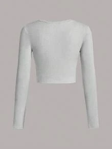 SHEIN Essnce 4 件套休闲简约圆领长袖短款修身女式 T 恤，适合秋季 - 彩色 - 查看 9