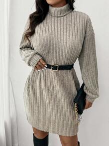 SHEIN Frenchy Plus Size Casual Turtleneck Ribbed Knit Dress In Apricot Color, Suitable For Leisure & Home, Autumn/Winter - Apricot - View 6