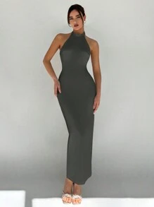 Aloruh Đầm ôm hở lưng màu trơn thanh lịch và gợi cảm cổ yếm - Xám - Xem 5