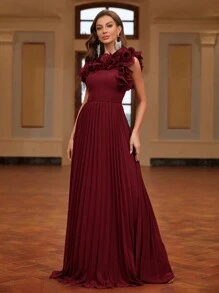 Elitara 1pc Asymmetrical Neck Pleated, Handmade 3D Floral Decor Women's Formal Evening Dress (Heavy Embellished), Elegant Prom Gown, For Wedding Guest, Graduation, Dinner, Party Dress