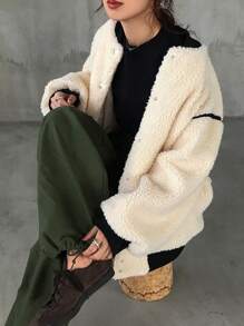 FRIFUL Women's Casual Contrast Color Patchwork Fleece Jacket, Autumn/Winter,Thermal Lined - Beige - View 8