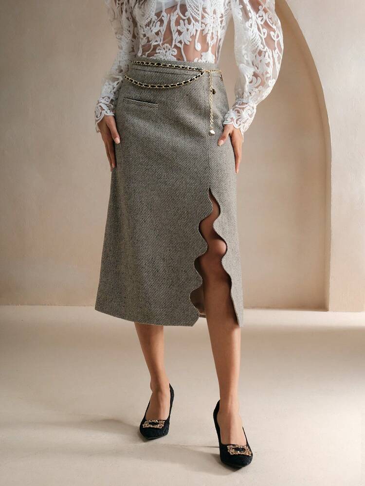 Women's High Waist Wave Side Slit Metal Chain Decor Elegant Skirt