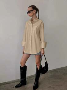 QIANZHIDU Elva Women's Slogan Print Long Sleeve Single-Breasted Casual Loose Shirt, Women's Solid Color Loose Long Sleeve Business Interview Commute Casual Minimalist Shirt, Back To School Graduation Season Office Spring Summer Autumn Clothing, Valentine's Day, New Year Outfit - Khaki - View 8