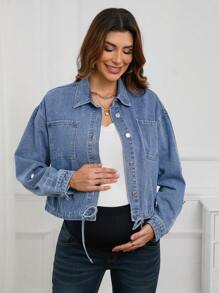 SHEIN Giacca di jeans casual con bottoni frontali e tasche, maniche lunghe, colore tinta unita, per gravidanza - Blu lavato medio - Visualizzare 3
