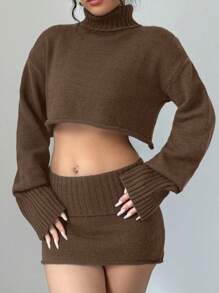 SHEIN Unity 2pcs/Set Women Solid Color Turtleneck Long Sleeve Top & Skirt, Casual Outfit Fall Cloth For Women - Coffee Brown - View 6