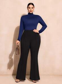 SHEIN SXY Plus Size Solid Color Slim Fit High-Necked Long Sleeve All-Match T-Shirt Basic Tees