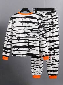 2pcs/Set Tween Boy Halloween Funny Expression Casual Set, For Halloween Party - Black and White - View 2