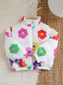 SHEIN Young Girls' Cute Colorful Floral/Flower Pattern Holographic Zip Up Thermal Padded Coat,Great For Casual & Daily Wear & School Daily In Summer & Autumn - Multicolor - View 4