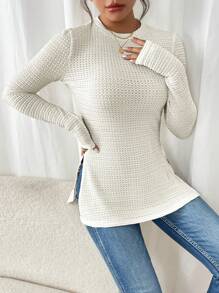 SHEIN Frenchy 女士纯色圆领长袖休闲 T 恤 - 杏色 - 查看 3