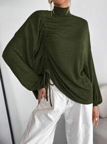 SHEIN Essnce Women's Solid Color Stand Collar Front Drawstring Drop Shoulder Casual T-Shirt, Autumn - Army Green - View 1