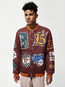 Parte superior casual simple con manga larga, botones delanteros, estampado de letras y unicolor entrelazado para adolescentes varones - Marrón - Ver 4