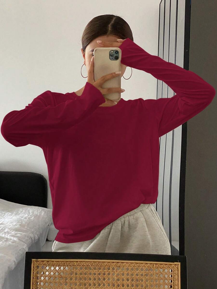 DAZY Women Solid Color Crew Neck Casual Long Sleeve T-Shirt,Fall Clothes - Burgundy - View 1