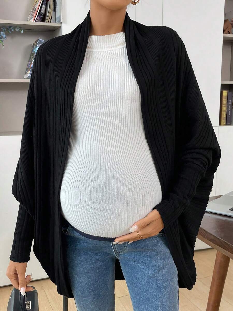 SHEIN Maternity Knit Cardigan, Winter Outerwear Black Open Front Sweater - Black - View 1
