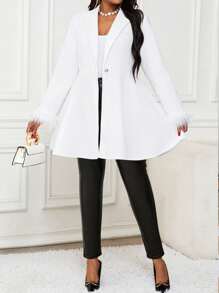 SHEIN Lady Eleganter gewebter Wasserfallkragen Midi Mantel mit weitem Saum und langen Ärmeln für Herbst und Winter in Große Größen - Aprikosenfarben - Übersicht 4