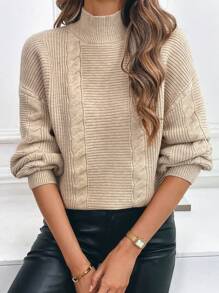 Chiquease Maglione casual da donna a maniche lunghe con spalle scoperte, collo alto, in tinta unita, per autunno/inverno, pullover lavorato a maglia per la stagione autunnale - Albicocca - Visualizzare 1