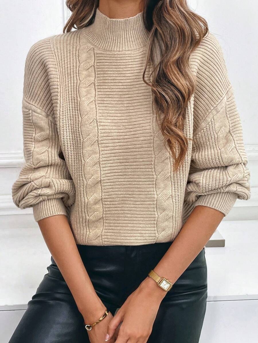 Chiquease Maglione casual da donna a maniche lunghe con spalle scoperte, collo alto, in tinta unita, per autunno/inverno, pullover lavorato a maglia per la stagione autunnale - Albicocca - Visualizzare 1