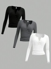 SHEIN Conjunto de 3 piezas de camisetas de manga larga ajustadas informales para niñas preadolescentes, adecuado para otoño/invierno