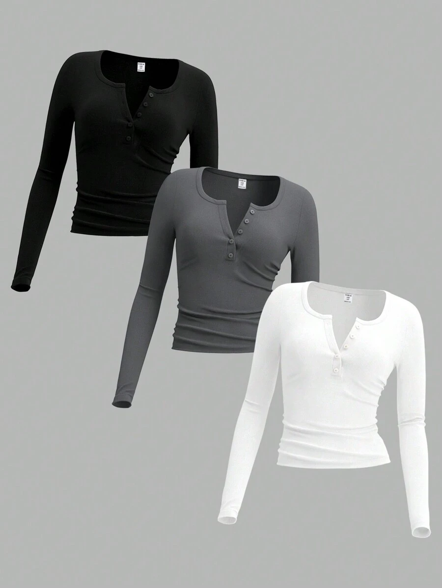 SHEIN Conjunto de 3 piezas de camisetas de manga larga ajustadas informales para niñas preadolescentes, adecuado para otoño/invierno