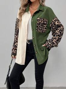 SHEIN LUNE Casual Collared Patchwork Leopard Print & Corduroy Fabric Jacket, Versatile Daily Outerwear - Multicolor - View 4