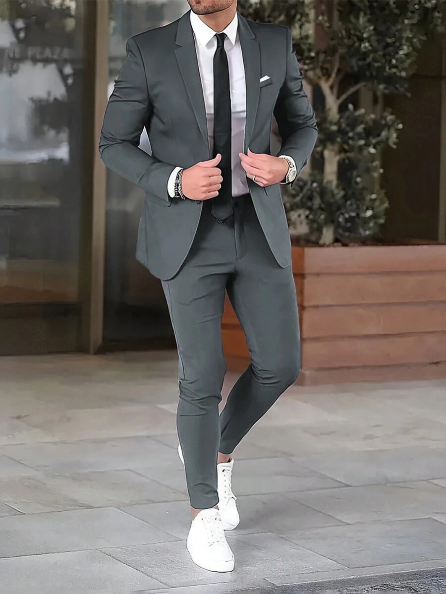 Calvornis Men's Solid Color Single Button Long Sleeve Suit Jacket And Trousers 2-Piece Suit Set - Dark Grey - View 1