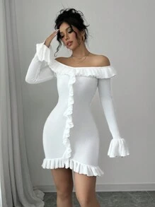 Chiquease Váy len bó tay dài hở vai xếp nếp cho nữ - trắng - Xem 4