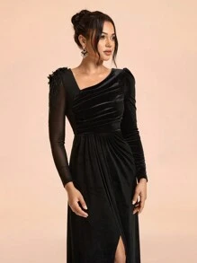 SHEIN Belle Vestido de noche formal y elegante con cuello asimétrico, mangas largas, volantes y dobladillo dividido para mujeres, color negro, ideal para graduación, cena