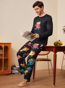Men's Cartoon Print Long Sleeve Top & Pants Pajama Set, Fall Winter Clothes - Multicolor - View 1