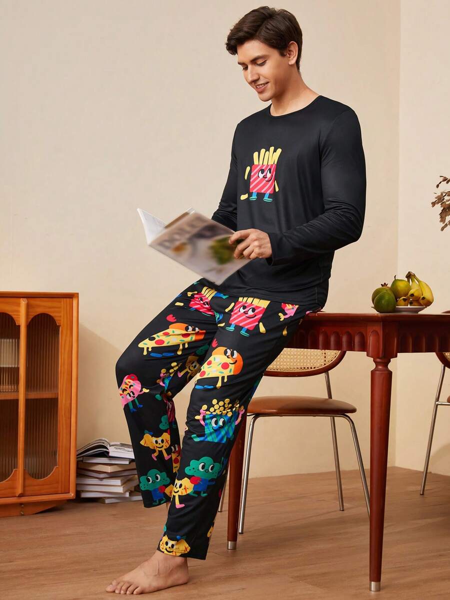 Men's Cartoon Print Long Sleeve Top & Pants Pajama Set, Fall Winter Clothes - Multicolor - View 1