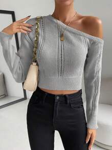 SHEIN Unity 纯色不对称领口优雅时尚长袖套头毛衣针织衫，秋冬款 - 淺灰色 - 查看 4
