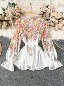 SHEIN Unity 大码优雅花卉印花喇叭袖系带衬衫，秋季 - 白色 - 查看 2