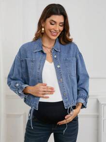 SHEIN Giacca di jeans casual con bottoni frontali e tasche, maniche lunghe, colore tinta unita, per gravidanza - Blu lavato medio - Visualizzare 6