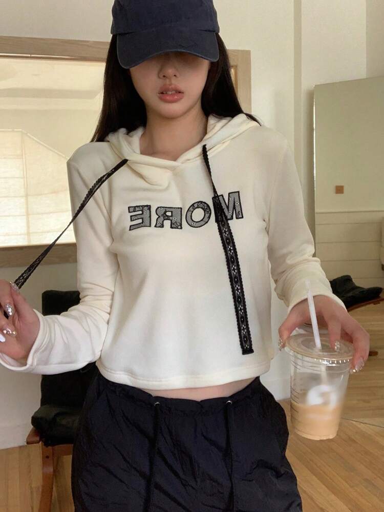 Women Letter Print Minimalist Style Casual Hoodie Sweatshirt, Long Sleeve Daily Wear,Fall Clothes