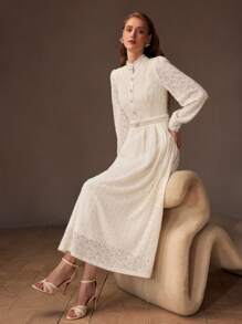 MOTF PREMIUM 蕾丝覆盖褶边立领灯笼袖长裙（无腰带）女士服装 - 杏色 - 查看 4