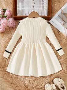 SHEIN Young Girls Fashion Elegant Sweater Dress With Pearl Decor Peter Pan Collar Long Sleeve Knit Pullover - Beige - View 2
