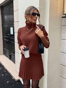 Conjunto informal de 2 piezas de top de cuello alto de manga larga y falda de unicolor para mujer - Marrón - Ver 6